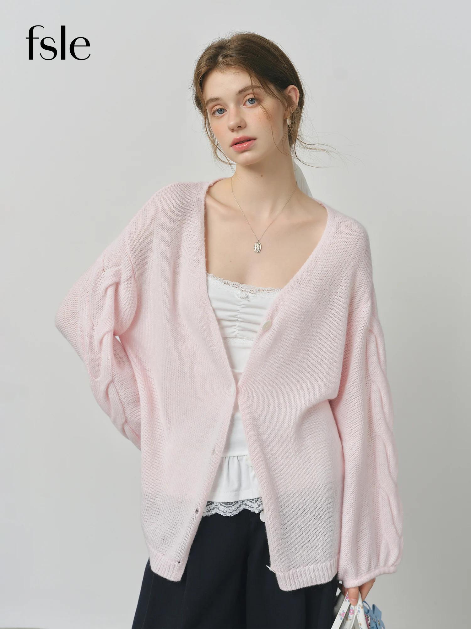 FSLE laine d'alpaga lâche paresseux câble tricoté col en v Cardigan veste femme automne 2025 nouveau
