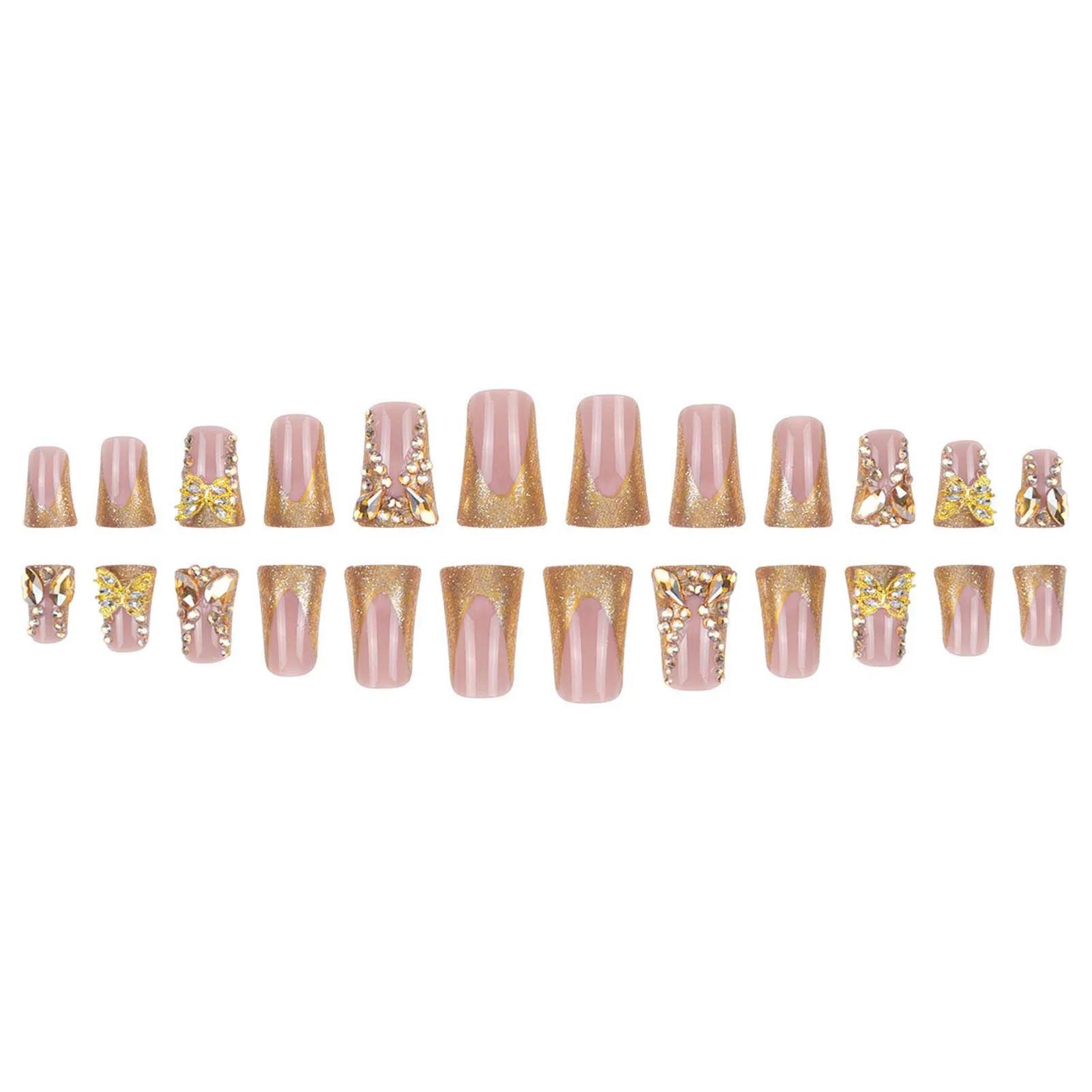 24 pièces lumière luxe presse sur ongles brillant or Style français bec de canard faux ongles plein