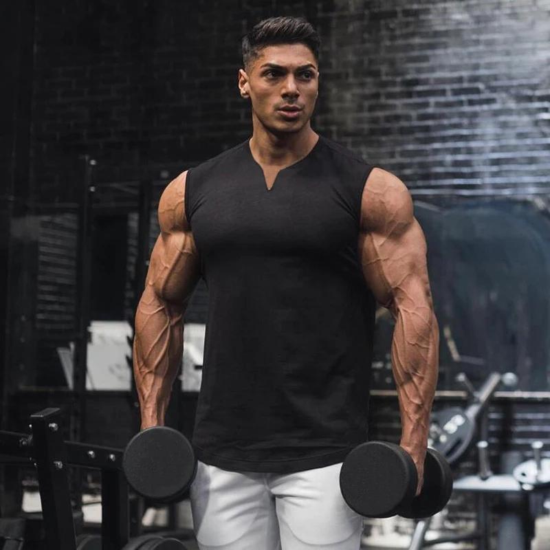 Débardeur d'été en coton respirant à col en v pour hommes, chemise sans manches pour entraînement, c