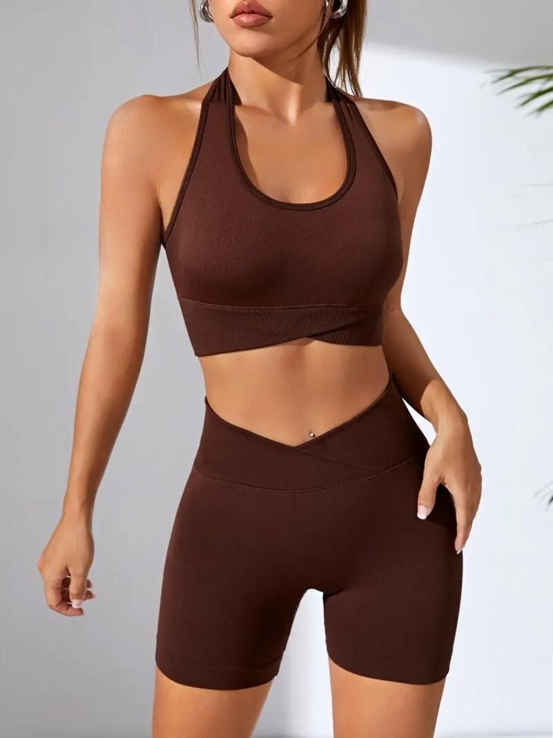 Ensemble fitness sexy 2 pièces sans coutures - Soutien-gorge sport + shorts yoga hip lift