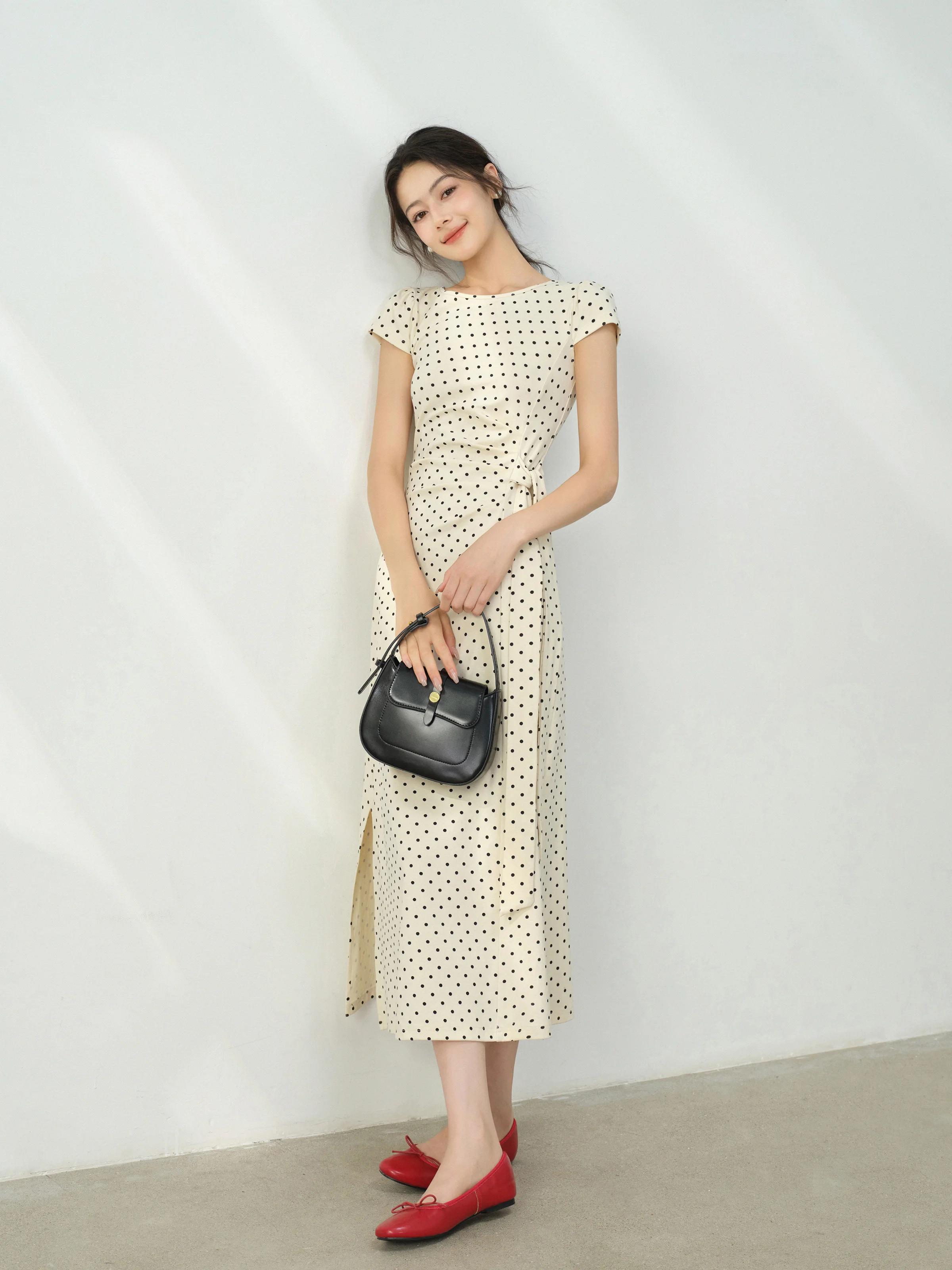 Robe mi-longue française élégante, Vintage, col carré, manches longues, coupe cintrée, cravate à la