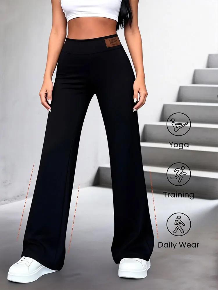 Pantalon droit taille haute pour femme, extensible, noir uni, élégant et essentiel pour le bureau, s