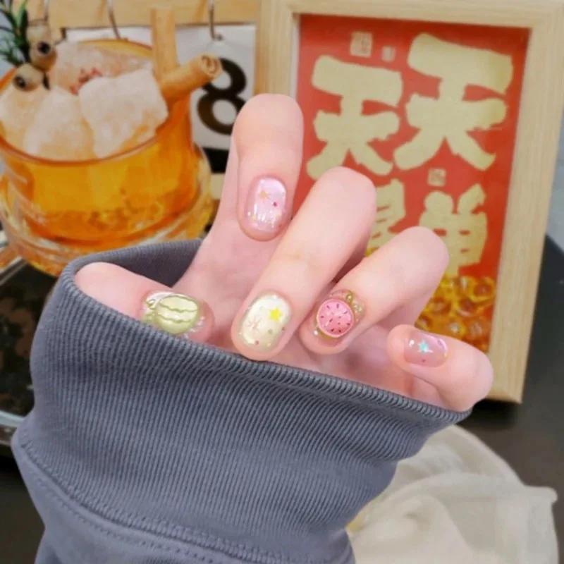 10 pièces presse à la main sur les ongles court carré pastèque étoile-lune couverture complète ongle