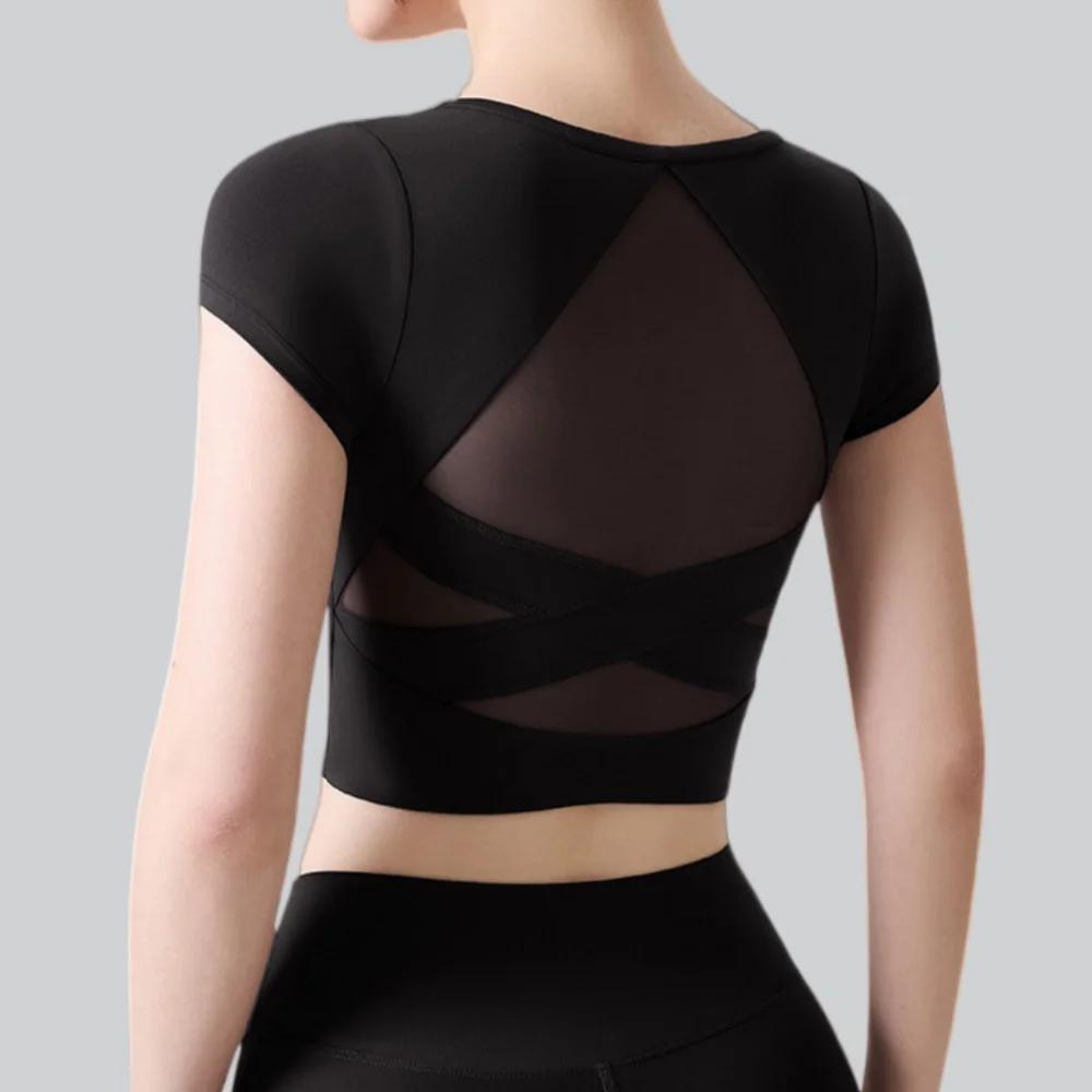 Haut de yoga pour femmes avec coussinets de poitrine, vêtements de fitness pour Pilates, t-shirt de