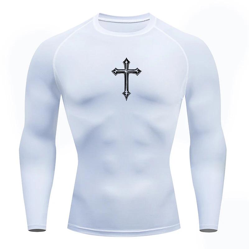 Chemise de compression à imprimé croisé pour hommes, t-shirt athlétique chrétien, hauts d'entraîneme
