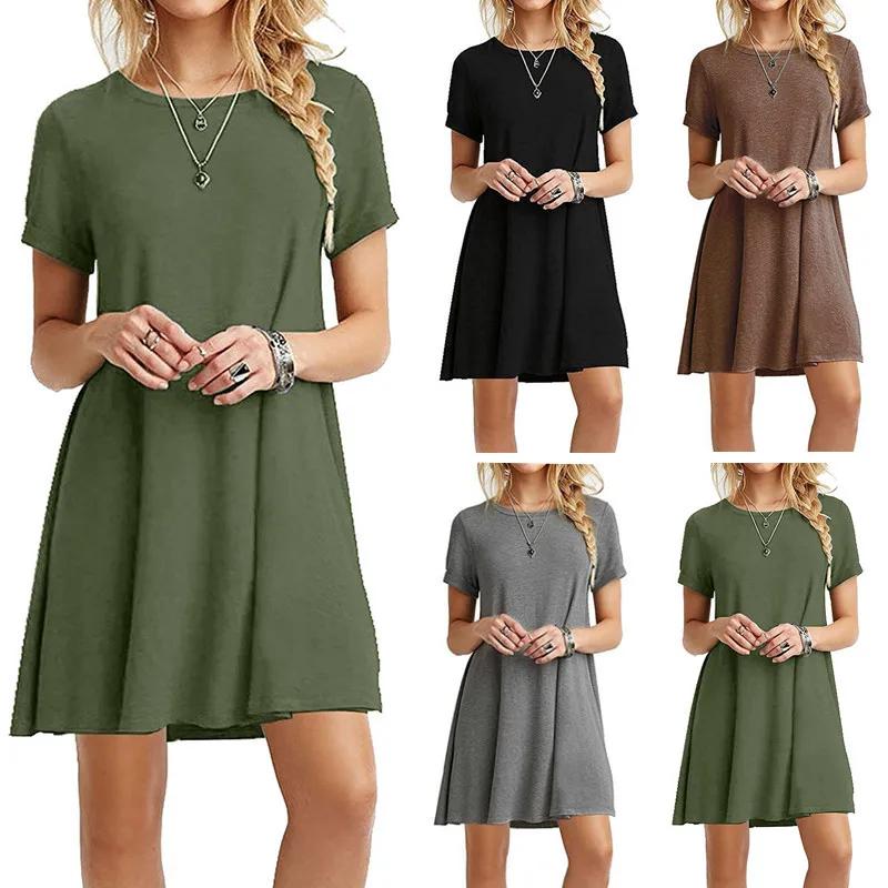 Femmes décontracté à manches courtes t-shirt robe Vintage col rond imprimé Mini robe ample élégant S