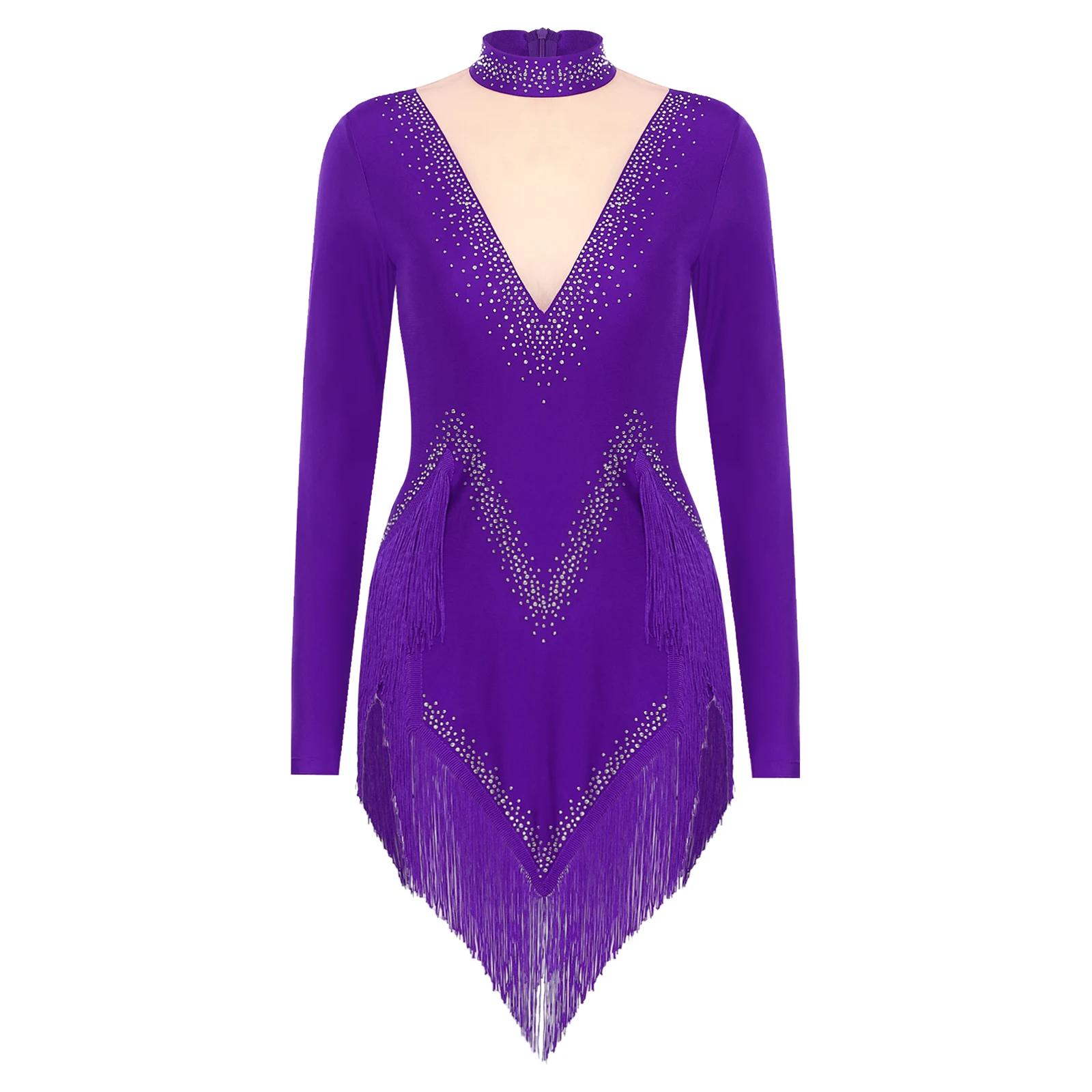 Body de danse latine à franges pour femmes, robe justaucorps à manches longues, vêtements de danse S