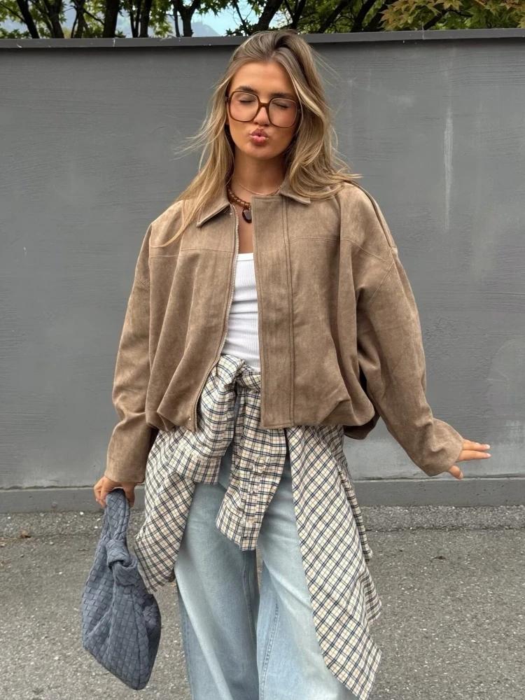 Veste en daim kaki pour femme, ample, décontractée, col rabattu, fermeture éclair, manteau épais, vê