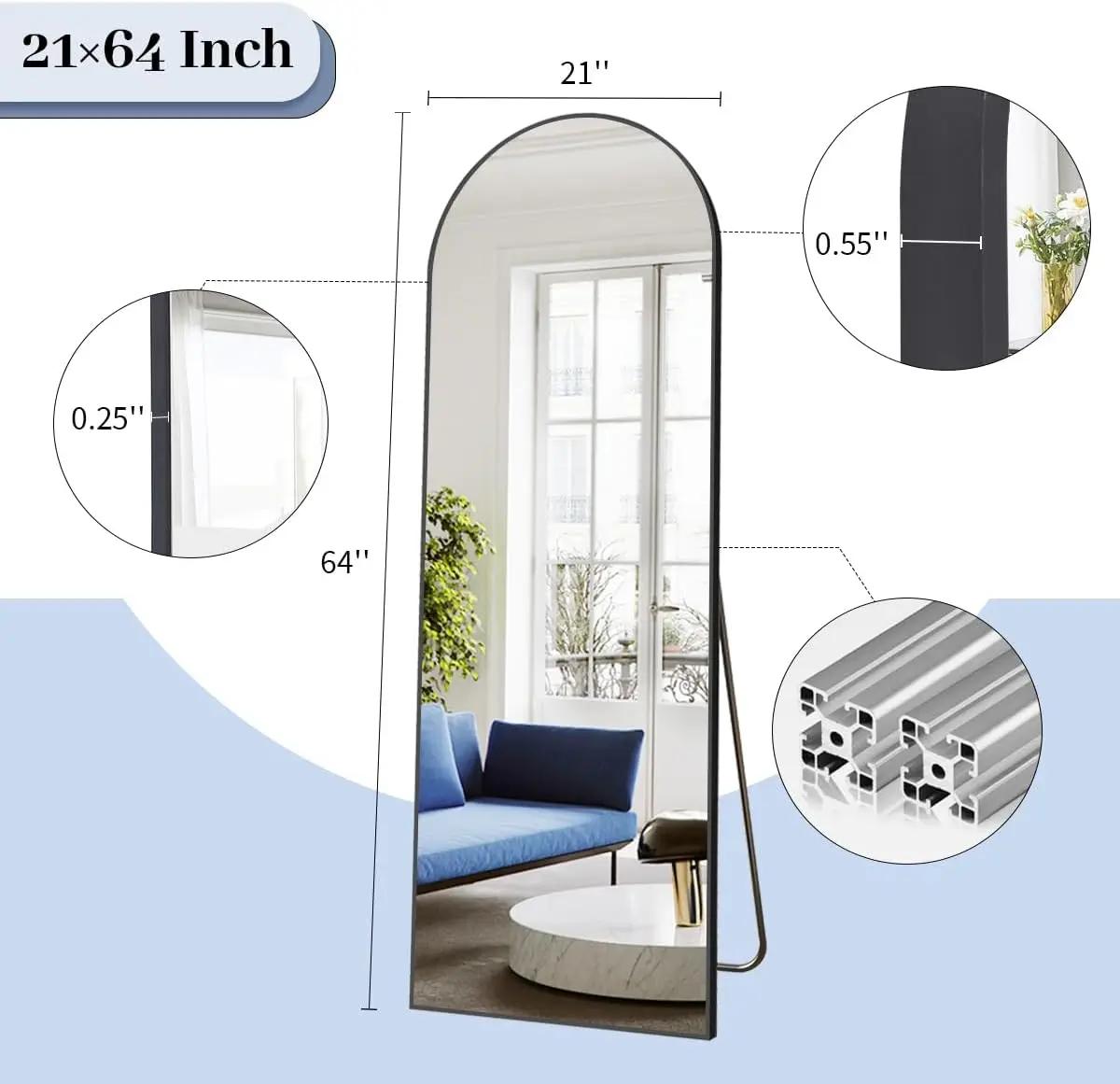Miroir de sol en arc 64 "x 21", miroir mural pleine longueur suspendu ou incliné miroir complet arqu