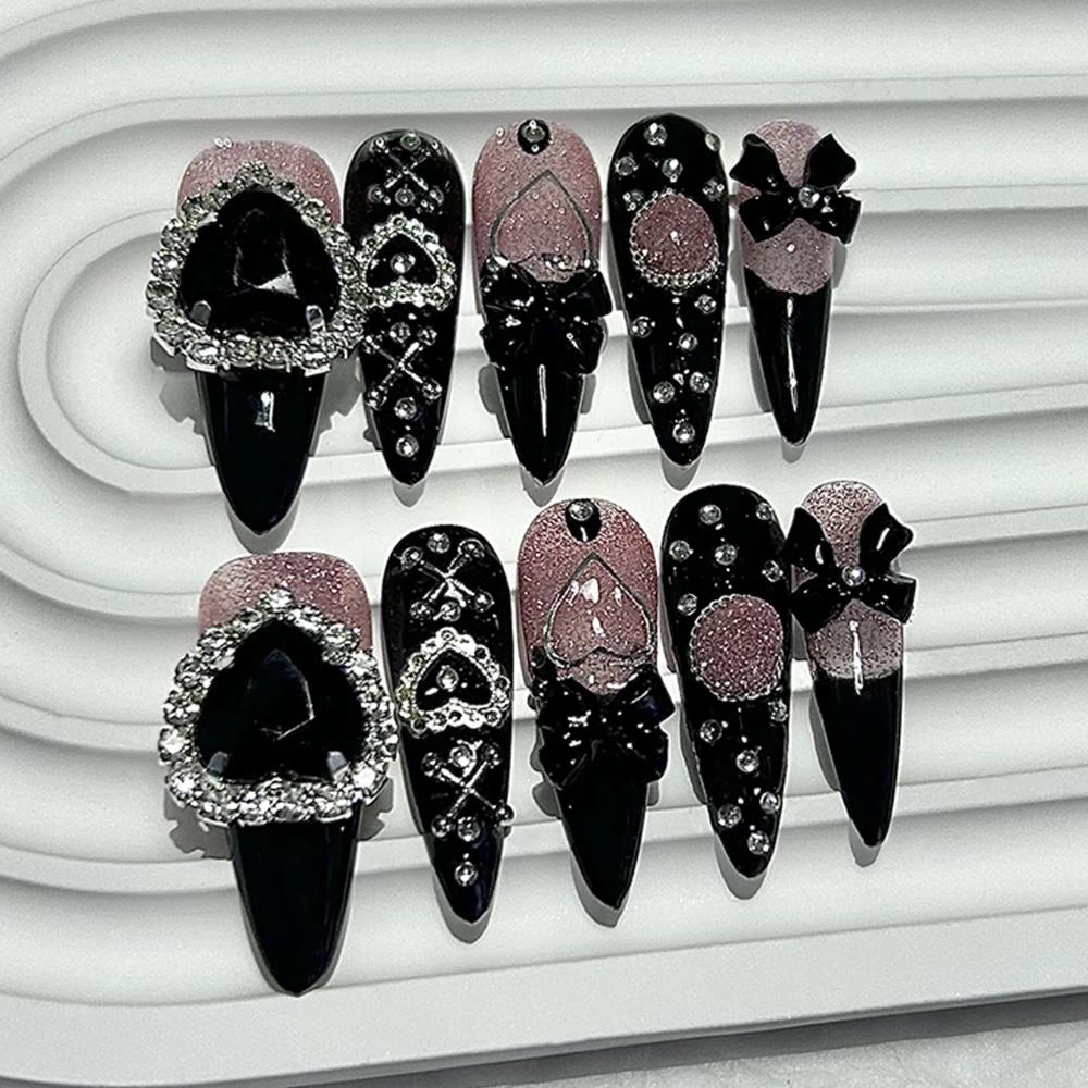10 pièces Y2K Gyaru Kei noir rose longue pointe à la main presse sur les ongles Jirai arc amour diam