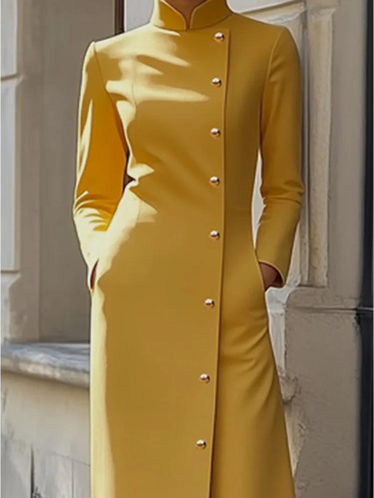 Robe longue boutonnée diagonale à col mandarin jaune pour femme Freeacy, idéale pour les invitées de