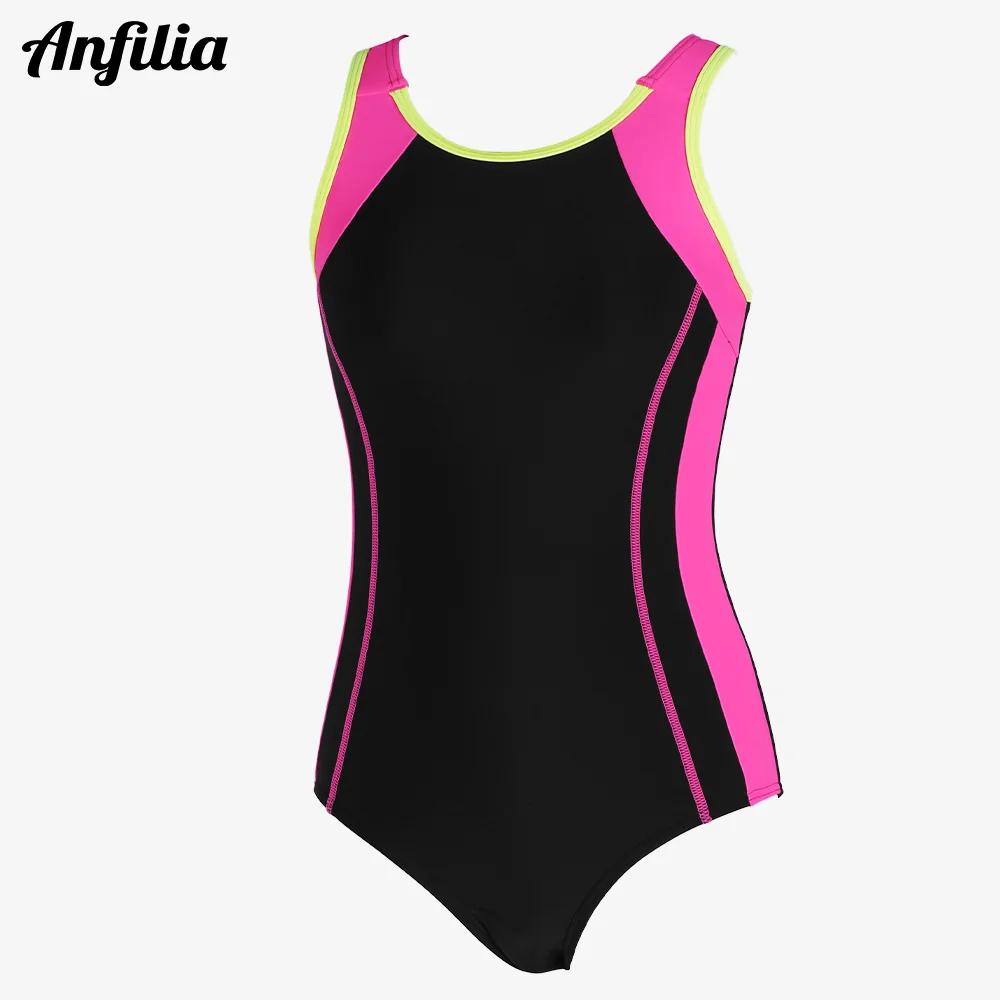 Anfilia – maillot de bain une pièce pour filles, col rond, dos nageur à haute élasticité et trou de