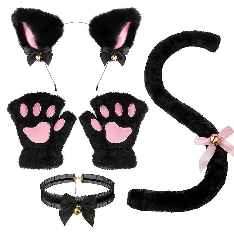 Ensemble de gants patte de chat, 5 pièces, hiver, mignon dessin animé fille, gants à doigts ouverts,