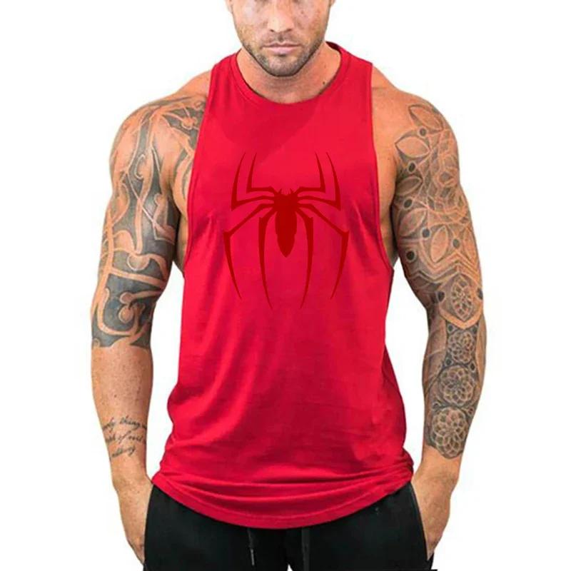 Débardeur de course imprimé araignée rouge, T-Shirt sans manches respirant en coton pour hommes, vêt