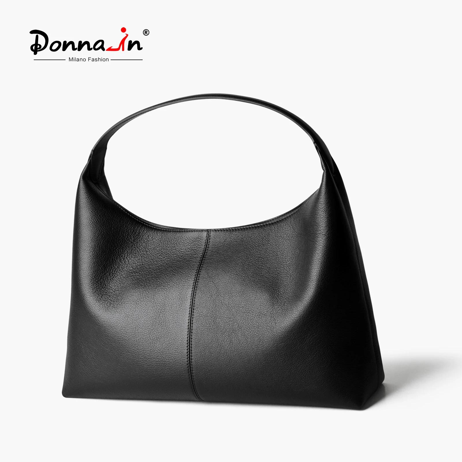 Sac hobo en cuir souple pour femme Donna-in, grande capacité, noir, sac à bandoulière décontracté