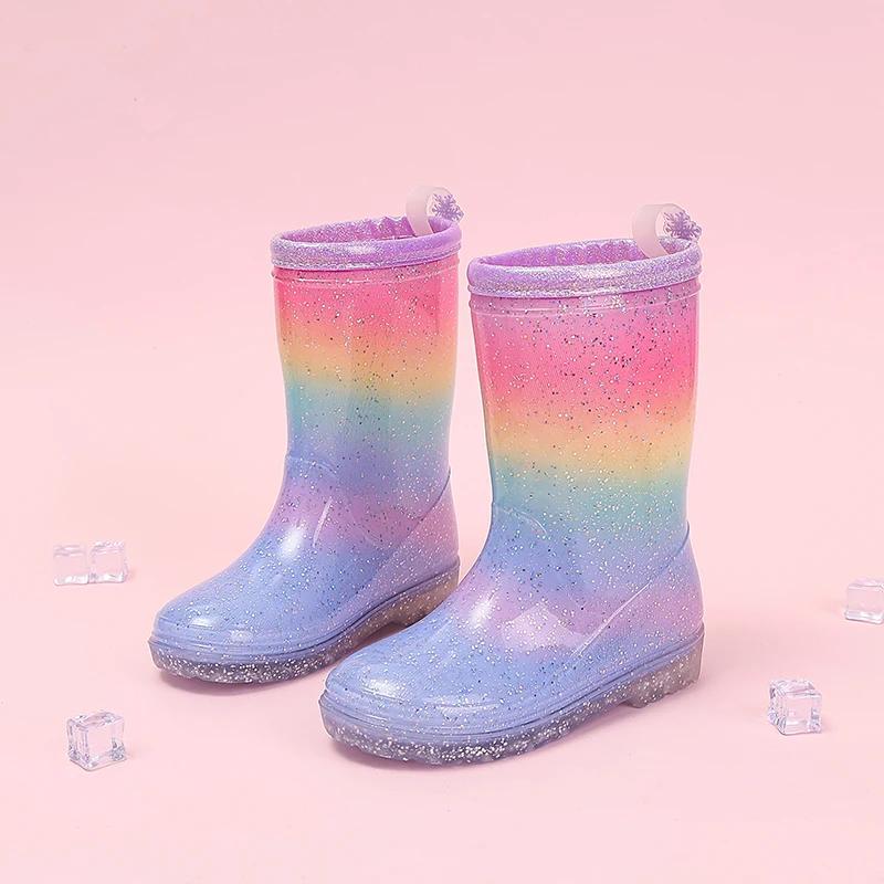 Bottes de pluie pour filles mignonnes quatre saisons, dégradé arc-en-ciel, paillettes, imperméables,
