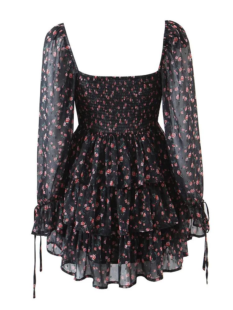 YENKYE automne mode femmes Vintage imprimé fleuri robe en mousseline de soie Sexy Semi-transparent à