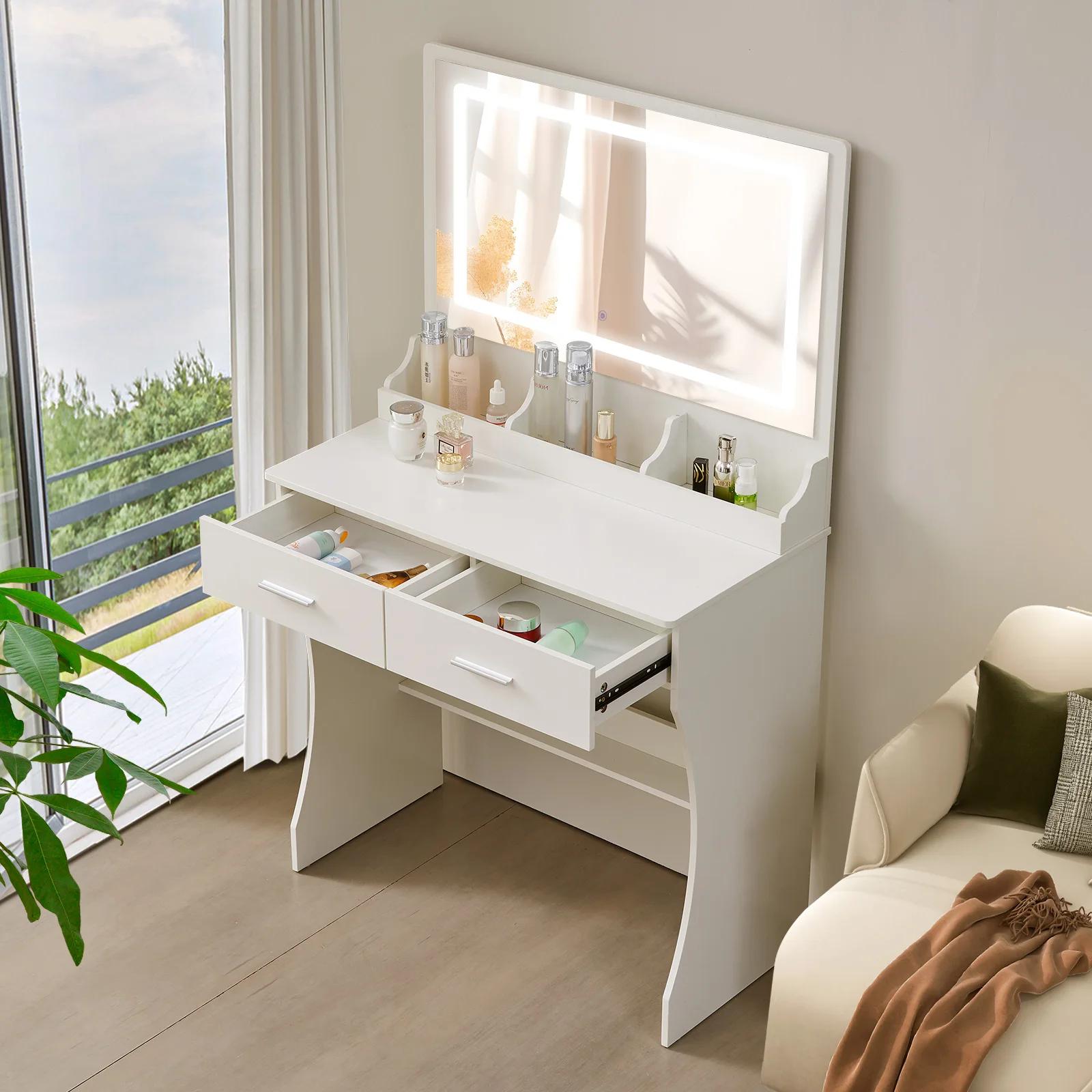 Bureau de maquillage avec lumières, vanity avec miroir ouvrable et 3 documents à intensité variable,