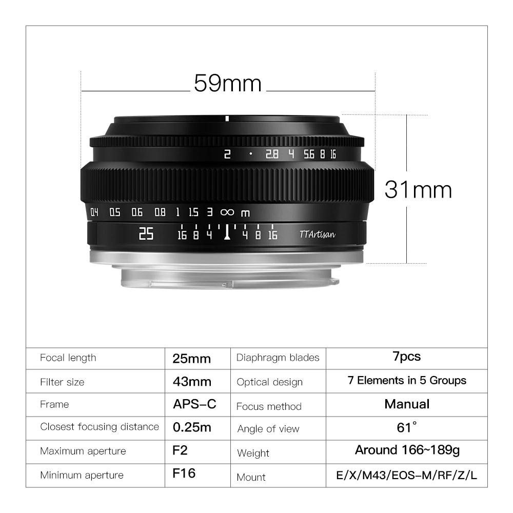 Objectif d'appareil photo TTArtisan 25 mm F2 pour monture Sony E a6400 Fujifilm XA XT4 XT30 Canon M5