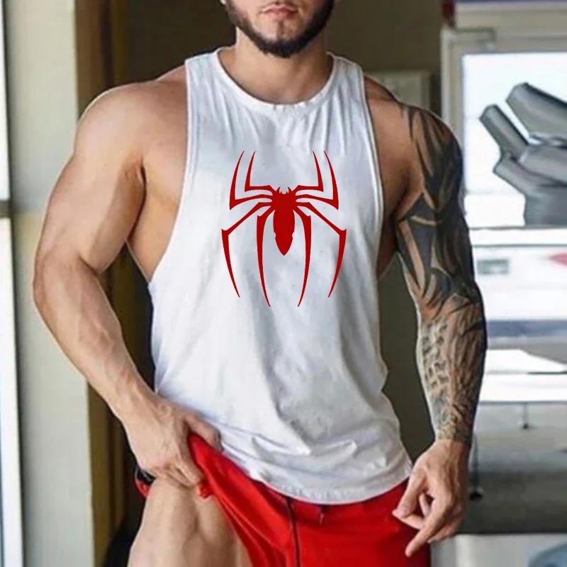 Débardeur de course imprimé araignée rouge, T-Shirt sans manches respirant en coton pour hommes, vêt