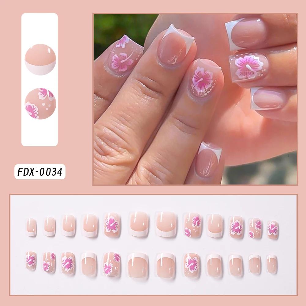 24 pièces blanc rose fleur acrylique faux ongles court carré français faux ongles portable couvertur