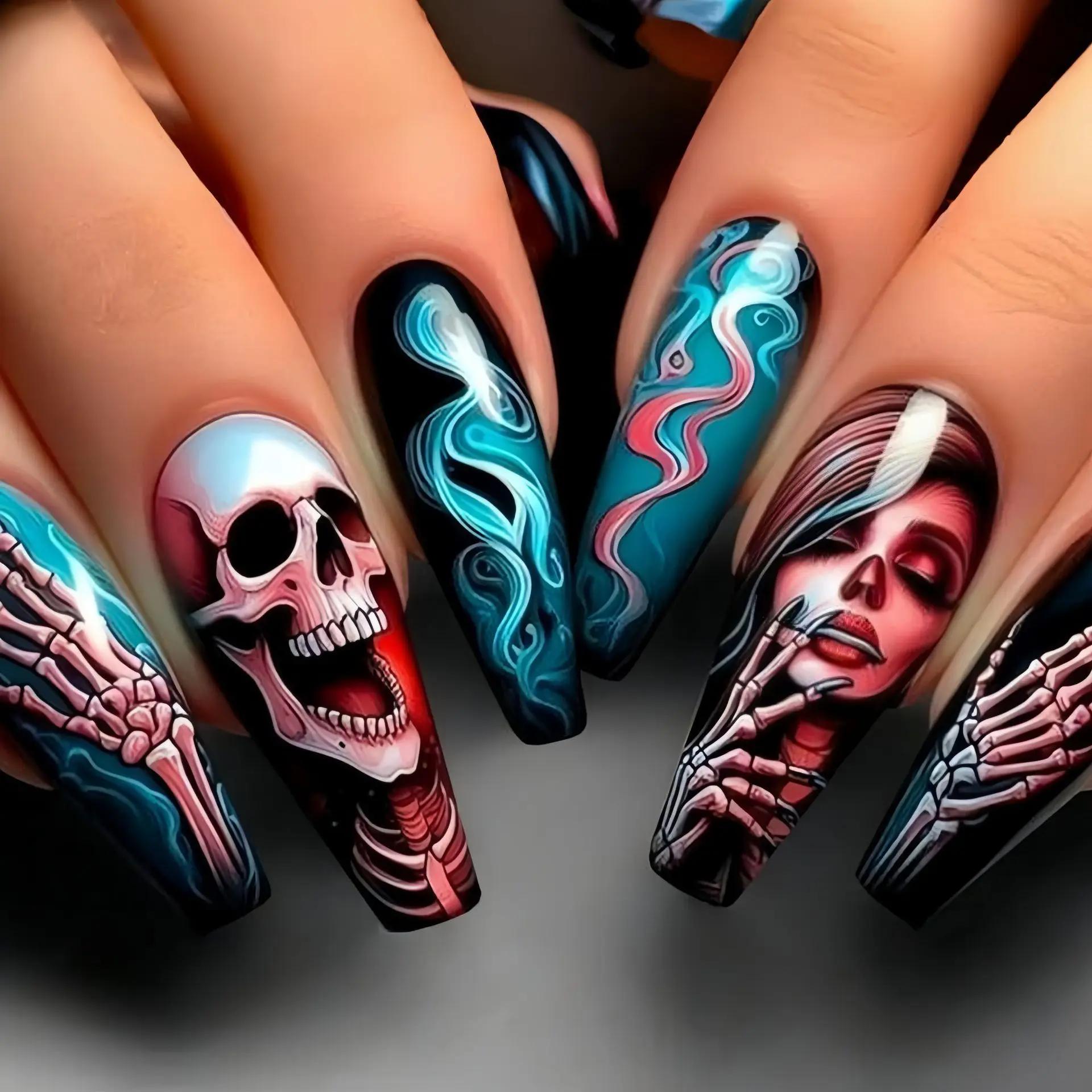 24 faux ongles longs rouge foncé avec colle, motif crâne et fleurs d'horreur, style français à press