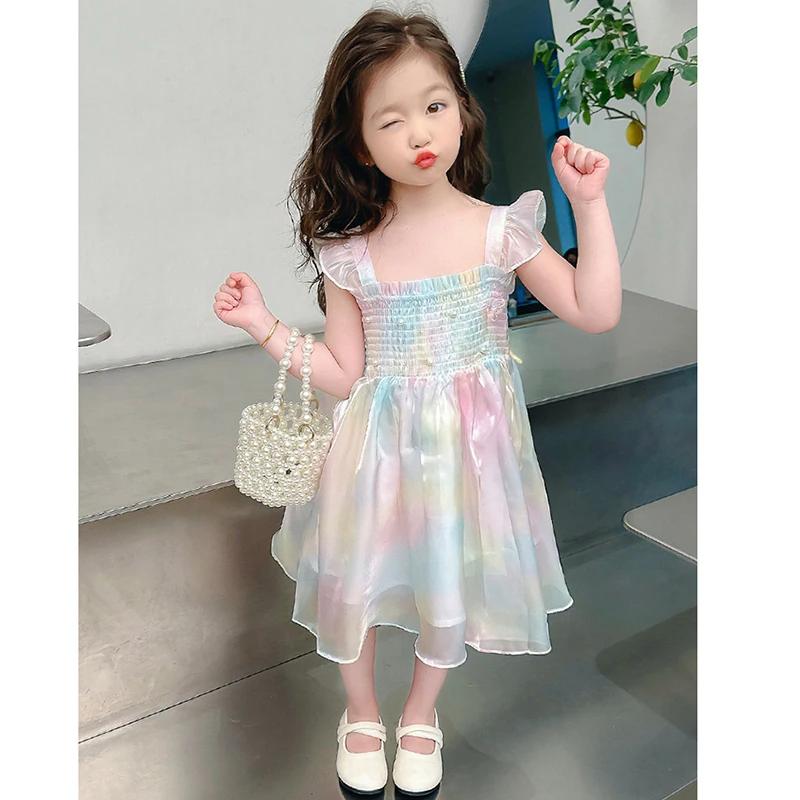 Robe princesse d'été pour filles de 1 à 8 ans, jolie robe en maille dégradée arc-en-ciel avec décora