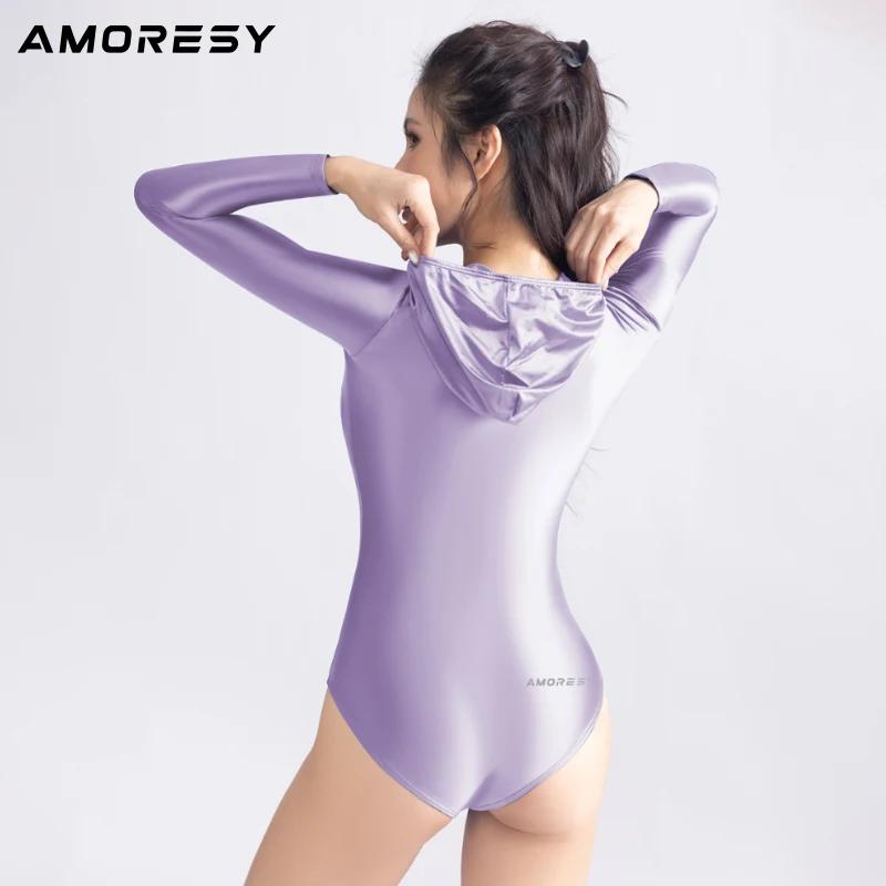 AMORESY Maillot de bain une pièce en satin brillant à manches longues avec double fermeture éclair s