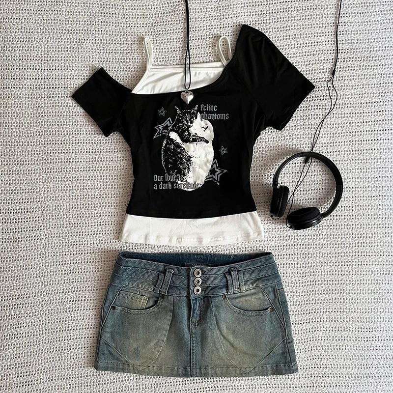 Asthetische Goth Fledermaus Brief Y2K Stil zweitelige T-Shirt Kurzarm Weste Harajuku Streetwear Hose