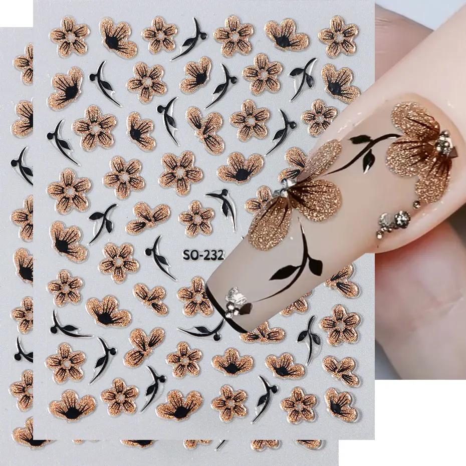 Autocollant 3D pour ongles, 2 pièces, noir, or, paillettes, fleur, pétales brillants, feuilles, Nail