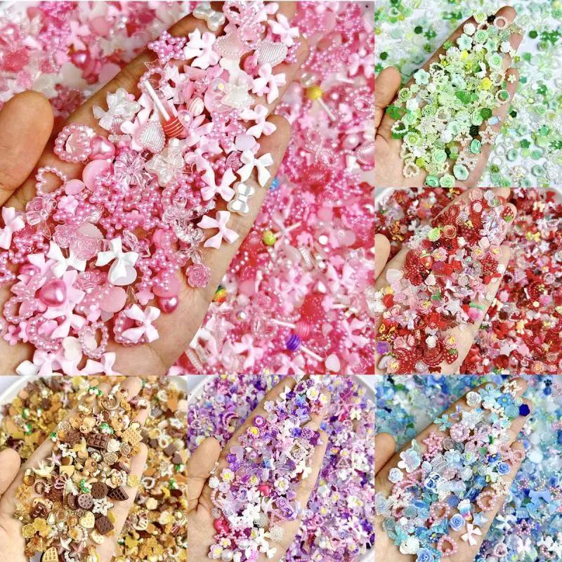 Breloques mignonnes mélangées au hasard pour ongles, nœud, fleur, étoile, coeur, perle creuse douce,