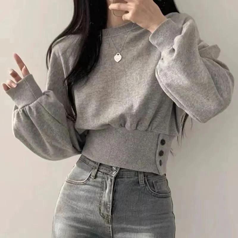 Haut court à col rond pour femme, couleur unie, manches lanternes, avec boutons, pull sportif Hip-Ho
