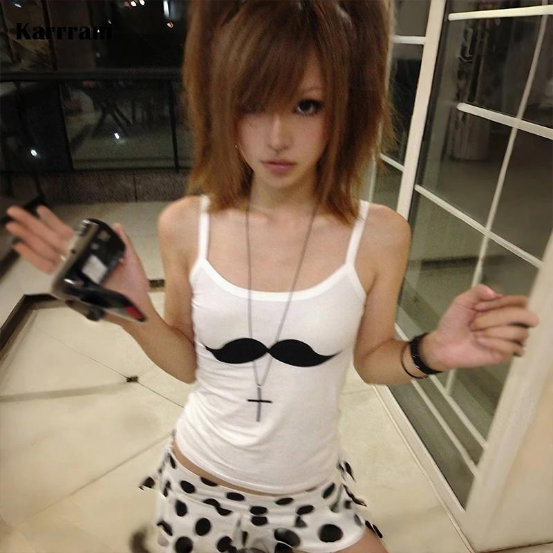 Karrram japonais Y2k barbe imprimé débardeur Trashy années 2000 Style blanc Camisole Vintage Harajuk