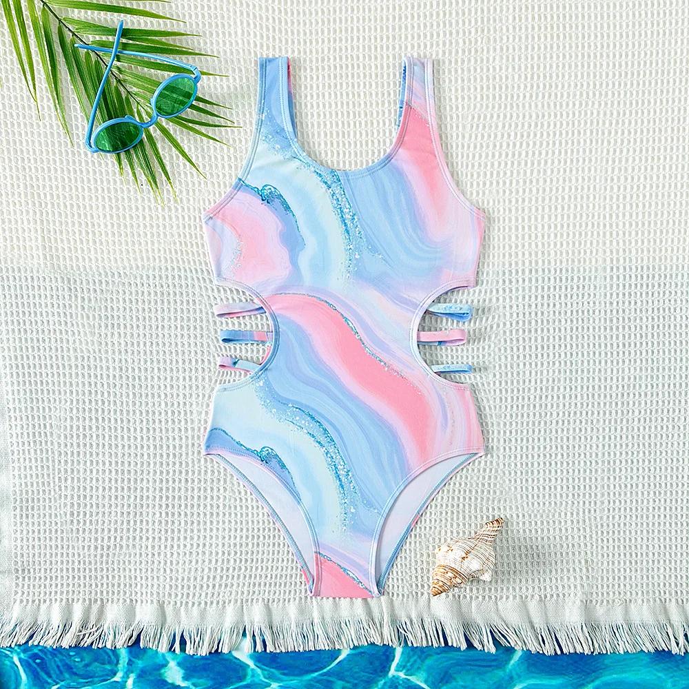 Maillot de bain une pièce tie-dye bleu pour enfants adolescents design nouveau 5 à 15 ans