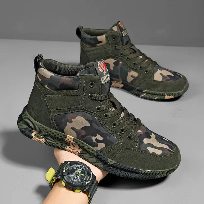 Baskets montantes en toile camouflage pour hommes, chaussures de marche décontractées à lacets, anti
