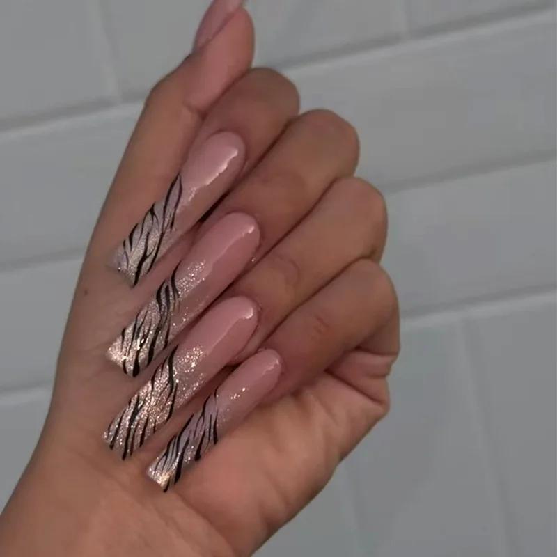 Faux ongles à bordure française dorée, longs cercueil, avec strass, ballerine, couverture complète,