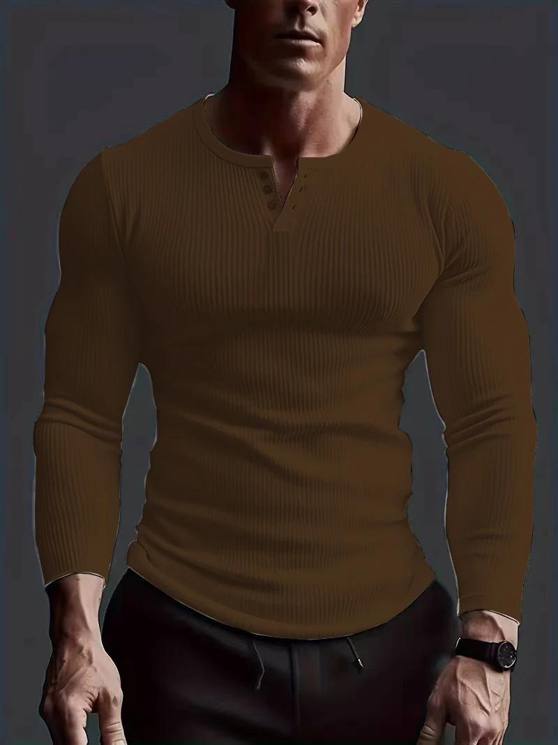 Automne hommes sans col boutonnage Henry petit haut Fitness haute Stretch Base chemise couleur unie