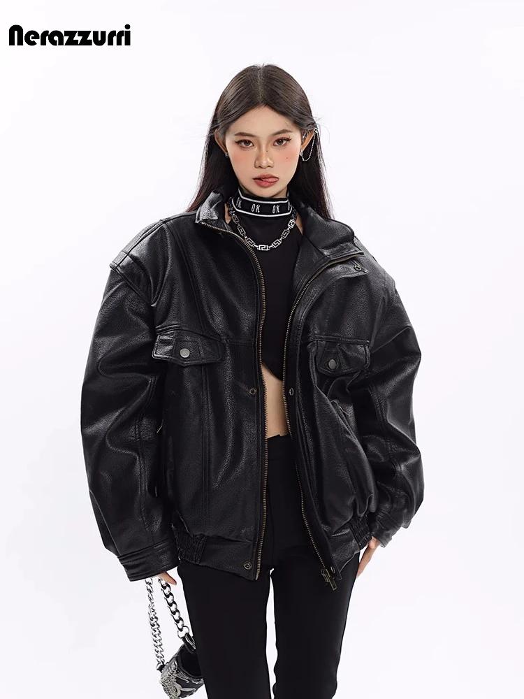 Nerazzurri – veste en cuir Pu noir pour femme, vêtement surdimensionné, coupe-vent, épais, fermeture