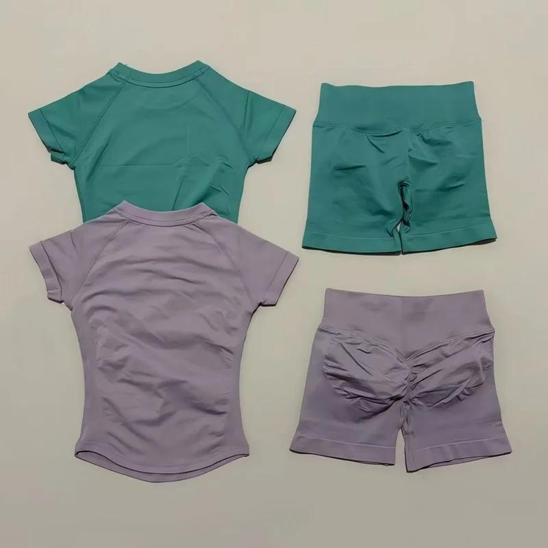 Ensemble de sport 2 pièces pour femme, haut de yoga à manches courtes en tricot sans couture, ensemb