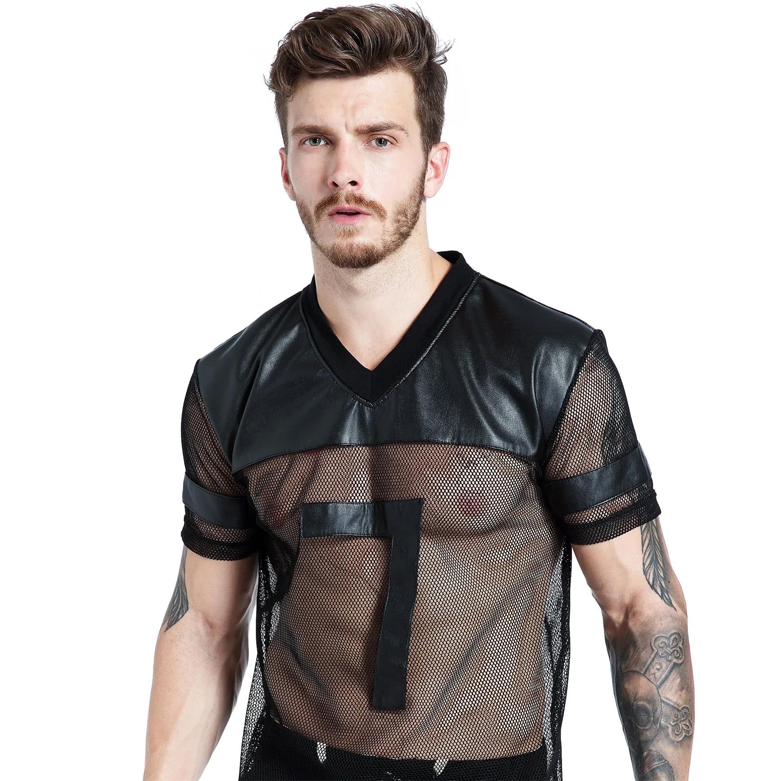 T-Shirt en résille pour hommes, Sexy, en Faux cuir PU, chemises en maille, hauts transparents, manch
