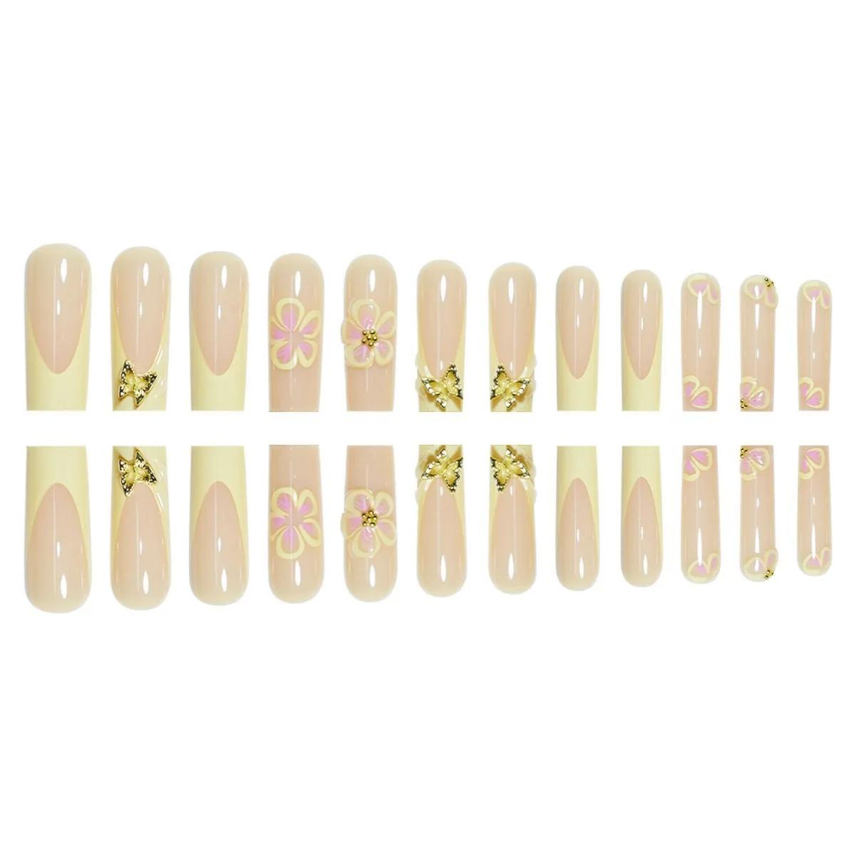 Faux ongles en forme de cercueil, longs et frais, jaune, Style français, fleur imprimée, motifs papi