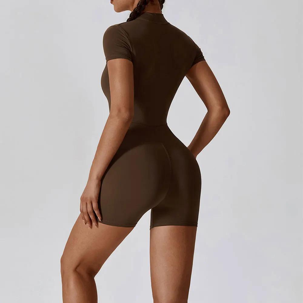 Ensemble de Yoga une pièce pour femmes, fermeture éclair, manches courtes, vêtements d'entraînement,