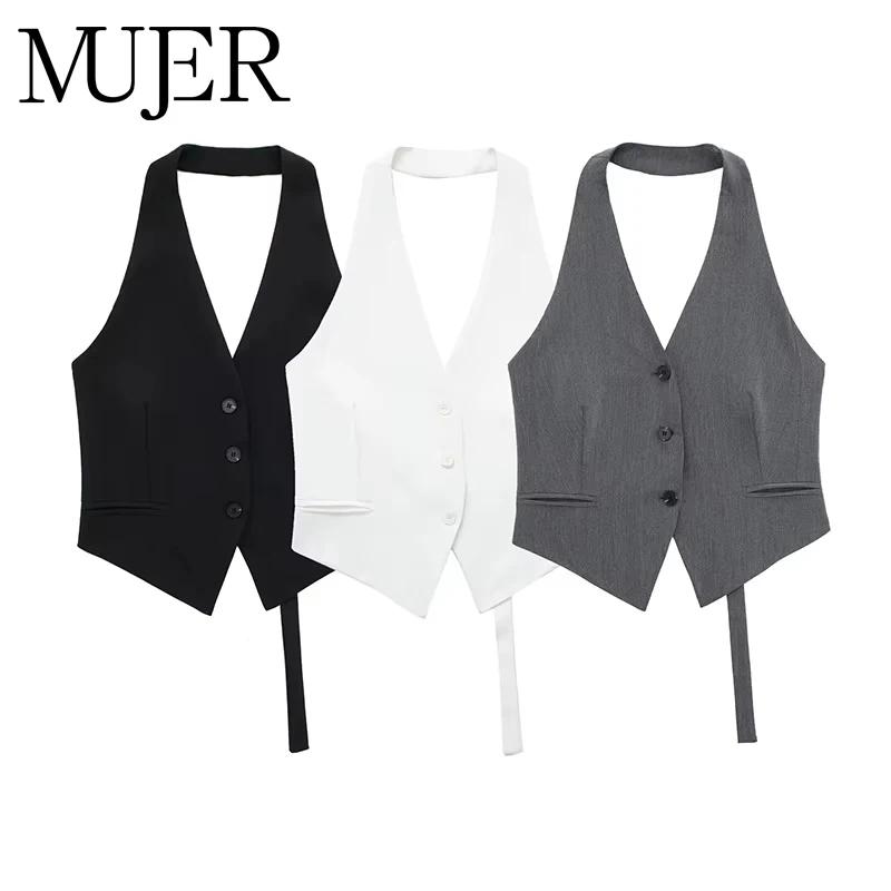MUJER épaules dénudées gilet sans manches femmes noir blanc recadrée gilet femme mode dos nu col en