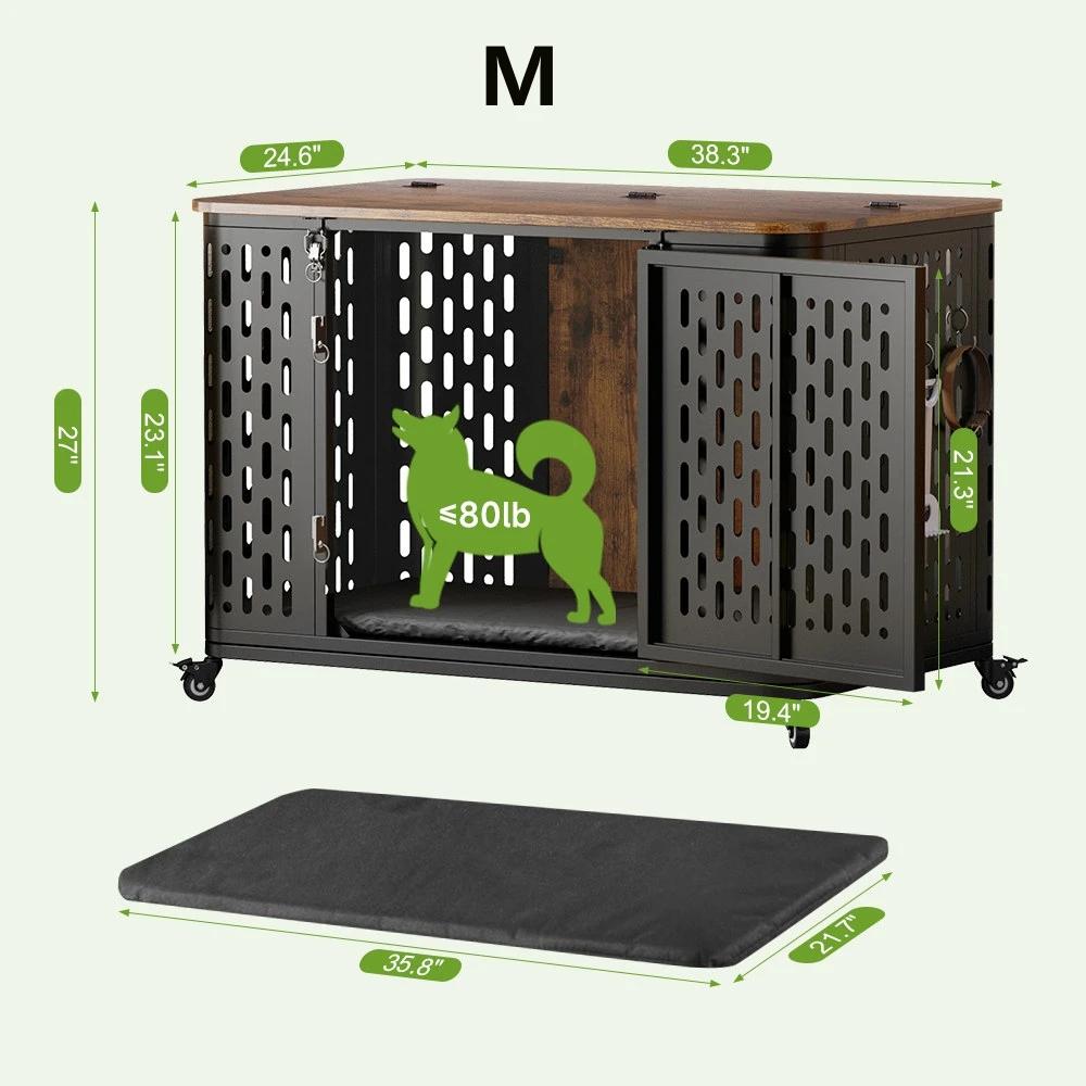 Caisse pour animaux de compagnie avec coussin, chenil en bois, roues flexibles, meubles polyvalents