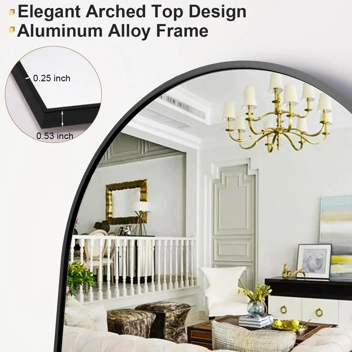 Miroir pleine longueur arqué sur pied, miroir Leautobloquant, cadre en aluminium, décoration d'intér