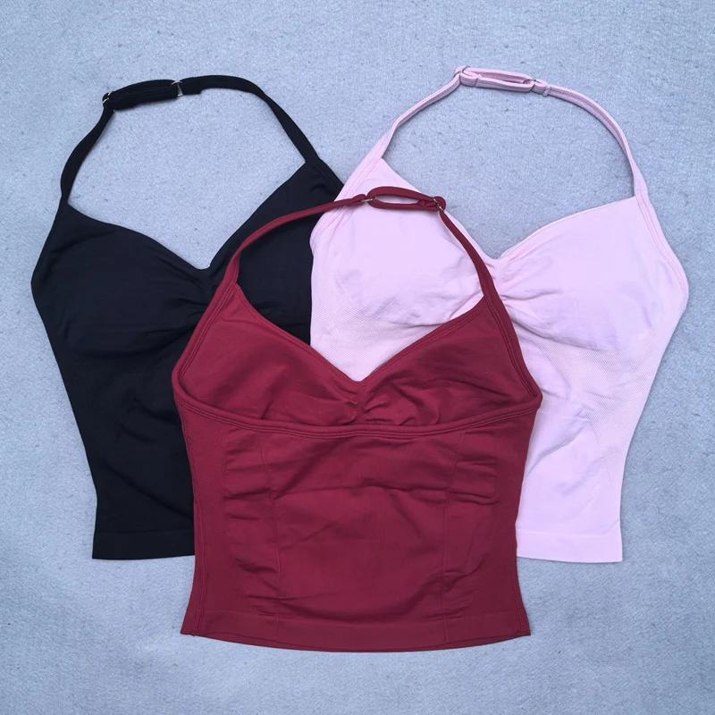 Ensemble de Yoga sans couture pour femmes, 2 pièces, débardeur rembourré, col licou, froissé, levage