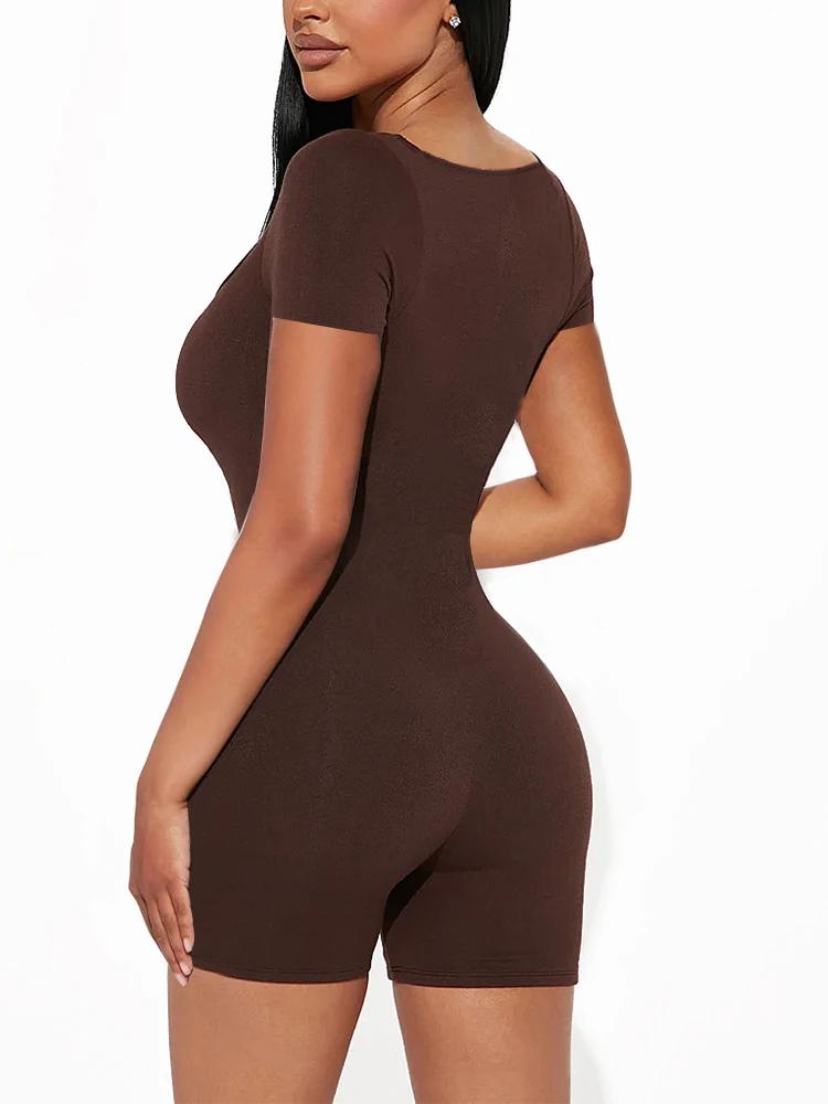 2025 été nouveau femmes Sexy couleur unie à manches courtes col en U combinaison courte Yoga Fitness
