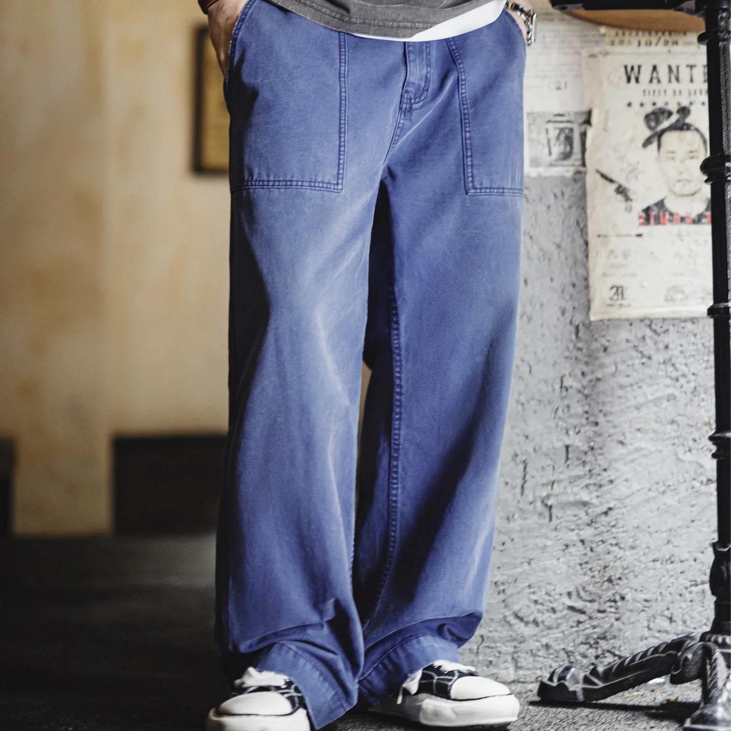 Maden – jean vintage en coton délavé pour hommes, pantalon de travail en toile bleue avec fermeture