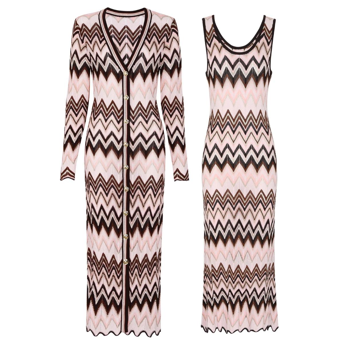 Cardigan à manches longues tricoté élastique, manteau Long + robe sans manches, ensemble pour femmes