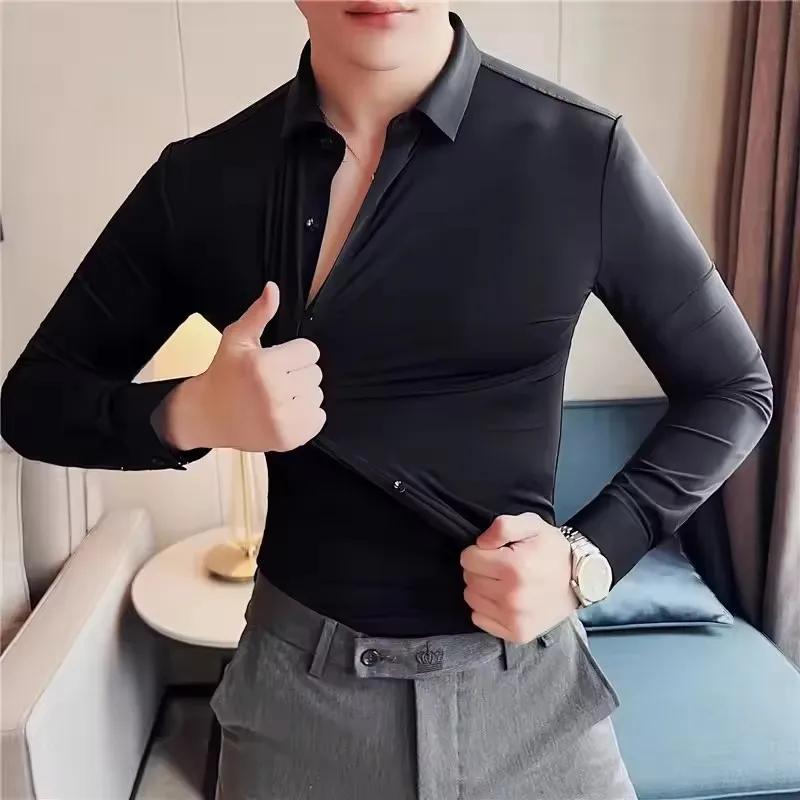 Chemises sans couture à haute élasticité pour hommes, chemise de sport musculaire à manches longues,